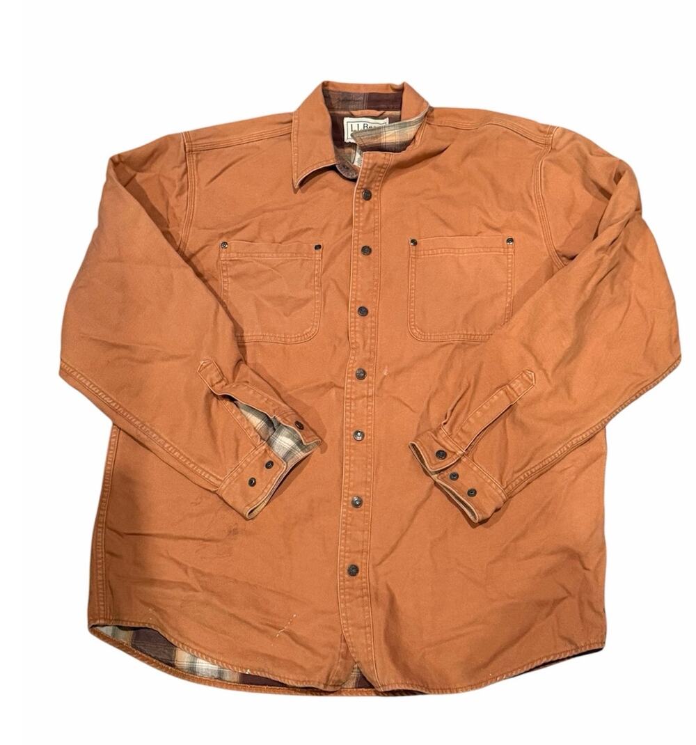 L.L.Bean Men Large Brown Canvas Shirt Flannel Lined Cotton Outdoor Workwear
